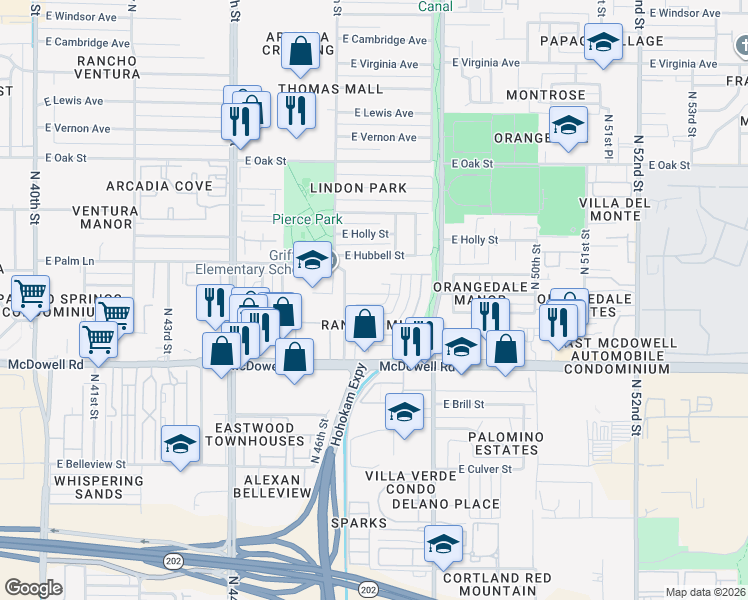 map of restaurants, bars, coffee shops, grocery stores, and more near 4627 East Granada Road in Phoenix
