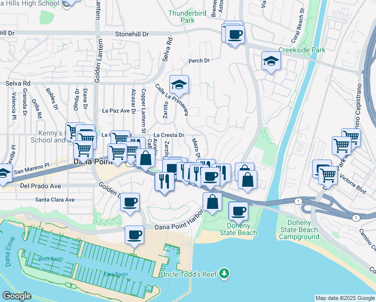 map of restaurants, bars, coffee shops, grocery stores, and more near 34081 Crystal Lantern in Dana Point