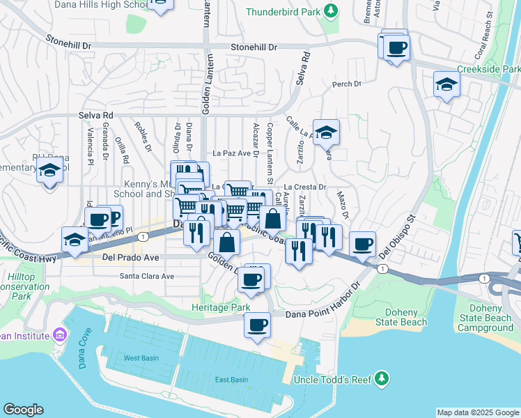 map of restaurants, bars, coffee shops, grocery stores, and more near 34082 Alcazar Drive in Dana Point