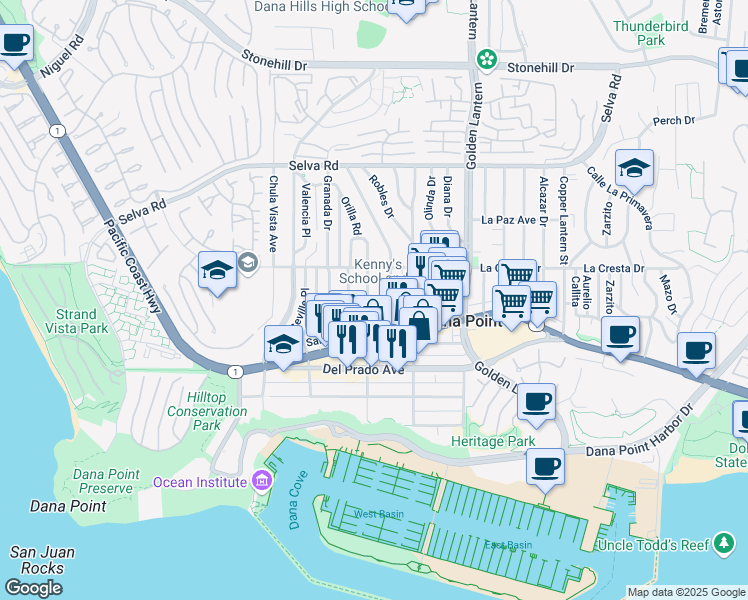 map of restaurants, bars, coffee shops, grocery stores, and more near 34072 Street of the Amber Lantern in Dana Point