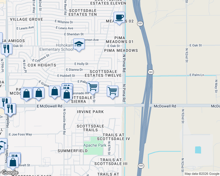 map of restaurants, bars, coffee shops, grocery stores, and more near 1656 North 87th Place in Scottsdale