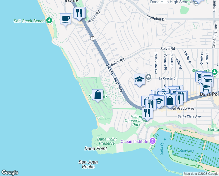 map of restaurants, bars, coffee shops, grocery stores, and more near 34108 Selva Road in Dana Point