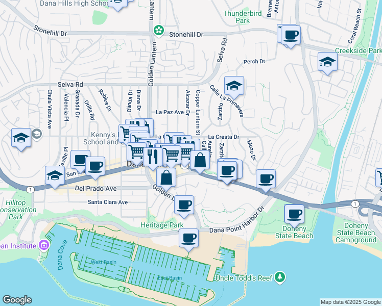map of restaurants, bars, coffee shops, grocery stores, and more near 34082 Alcazar Drive in Dana Point