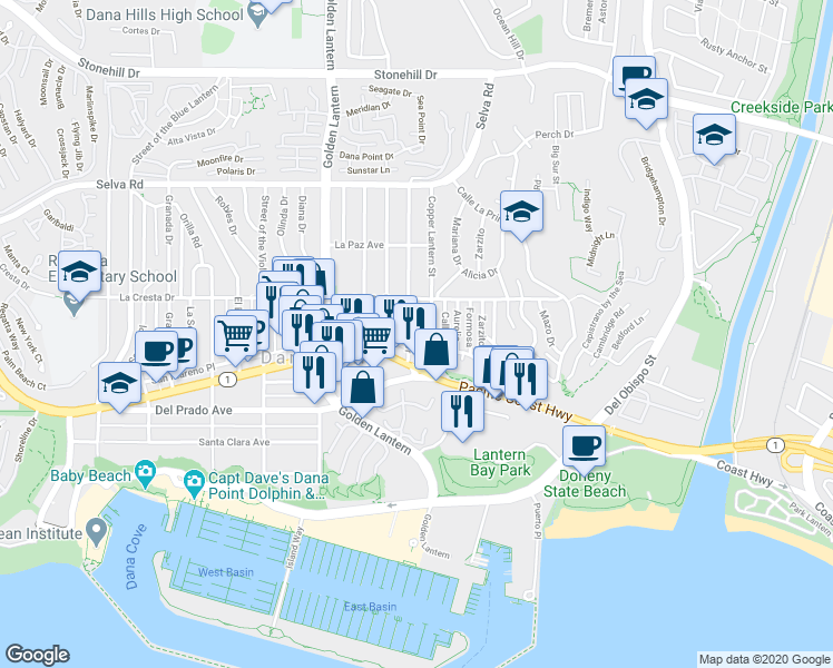 map of restaurants, bars, coffee shops, grocery stores, and more near 34082 Alcazar Drive in Dana Point