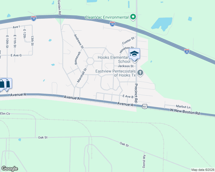 map of restaurants, bars, coffee shops, grocery stores, and more near 121 Grant Street in Hooks