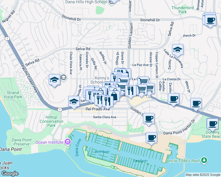 map of restaurants, bars, coffee shops, grocery stores, and more near 34071 Street of the Violet Lantern in Dana Point