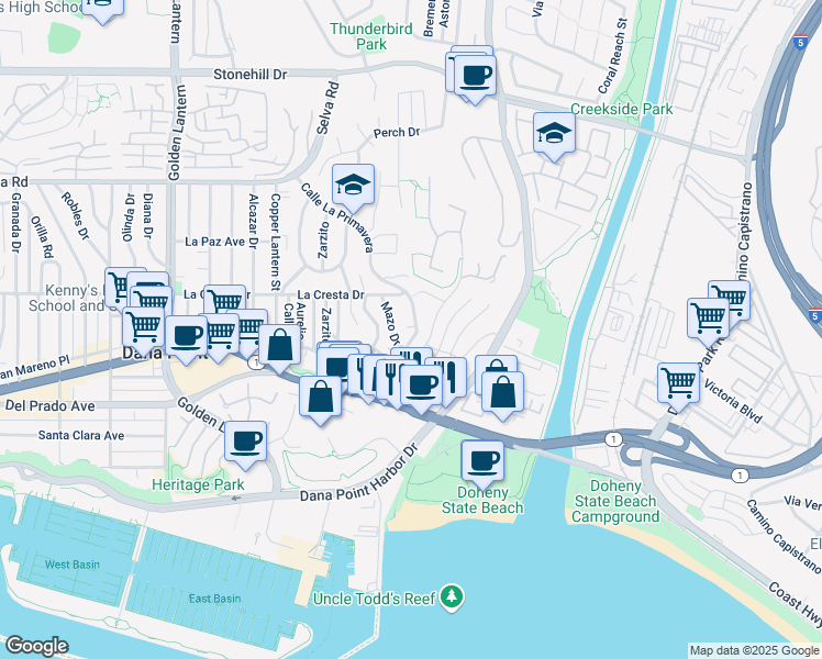 map of restaurants, bars, coffee shops, grocery stores, and more near 34081 Calle La Primavera in Dana Point
