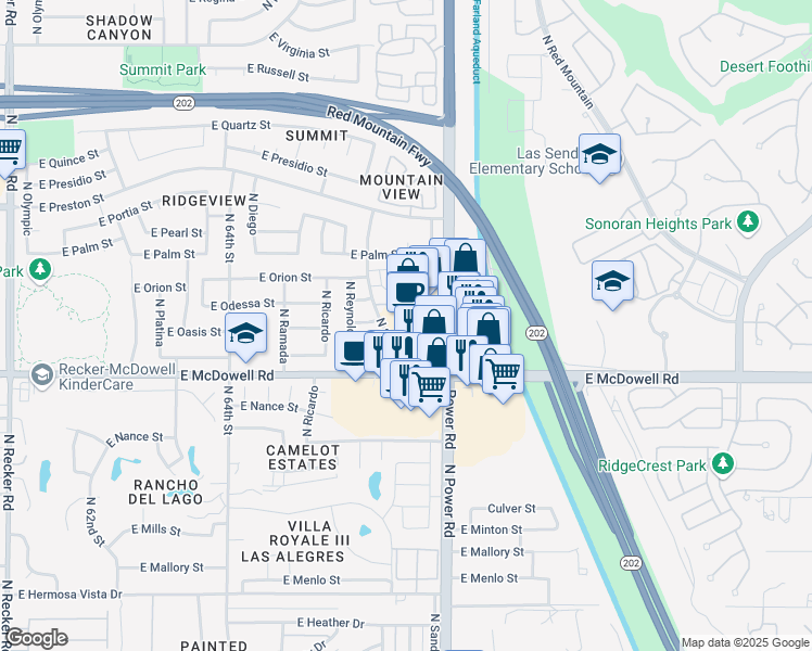 map of restaurants, bars, coffee shops, grocery stores, and more near 2864 North Power Road in Mesa