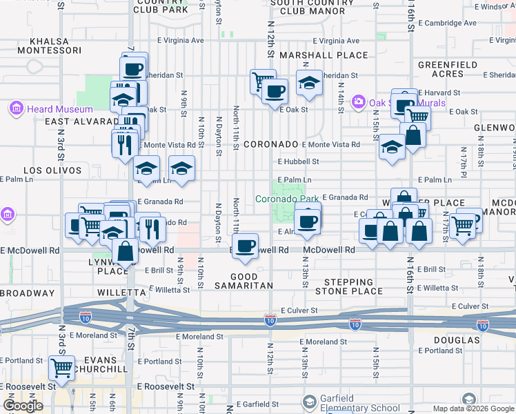 map of restaurants, bars, coffee shops, grocery stores, and more near 1811 North Mitchell Street in Phoenix