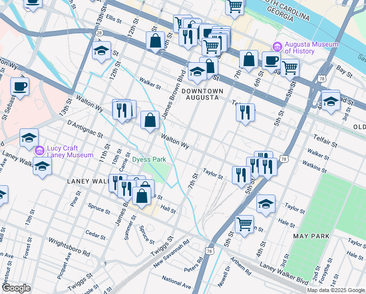 map of restaurants, bars, coffee shops, grocery stores, and more near 808 8th Street in Augusta