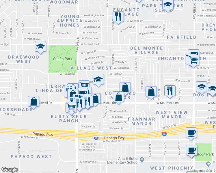 map of restaurants, bars, coffee shops, grocery stores, and more near 4042 West Coronado Road in Phoenix