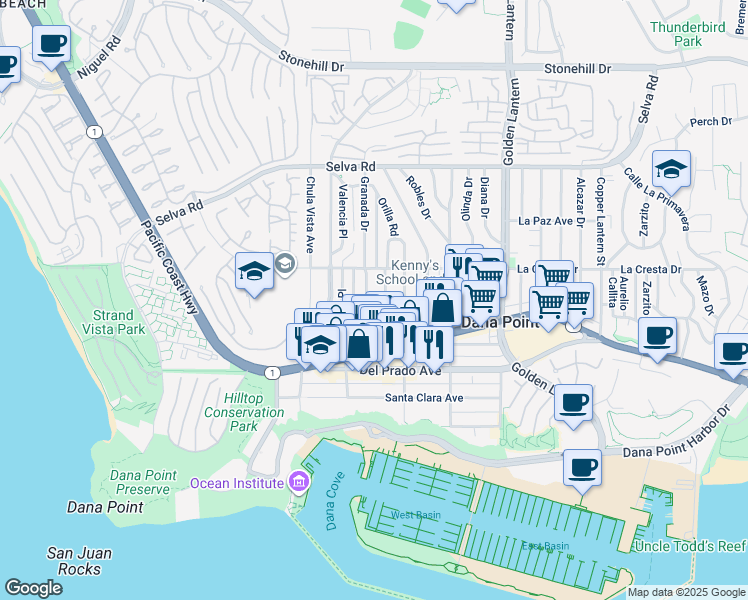map of restaurants, bars, coffee shops, grocery stores, and more near 34072 Granada Drive in Dana Point
