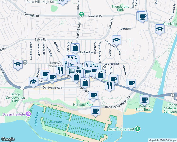 map of restaurants, bars, coffee shops, grocery stores, and more near 34081 1/2 Malaga Drive in Dana Point