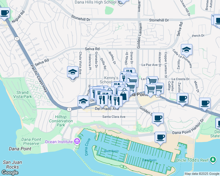 map of restaurants, bars, coffee shops, grocery stores, and more near 34072 Street of the Amber Lantern in Dana Point
