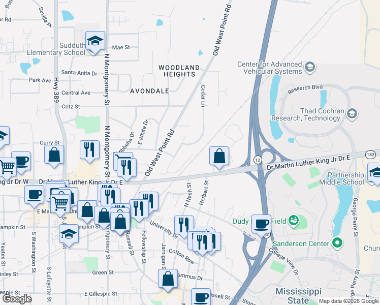 map of restaurants, bars, coffee shops, grocery stores, and more near 101 Hillside Drive in Starkville