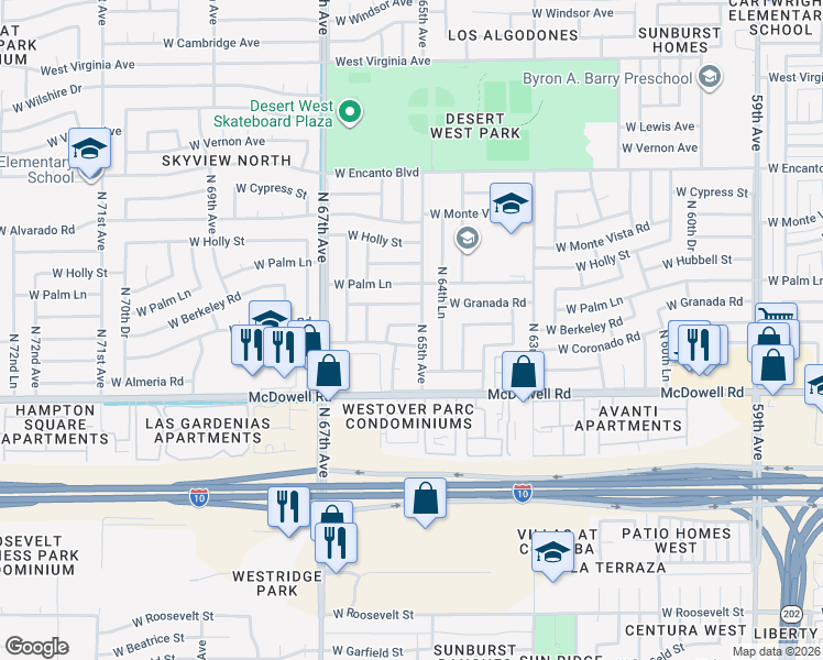 map of restaurants, bars, coffee shops, grocery stores, and more near 6507 West Berkeley Road in Phoenix