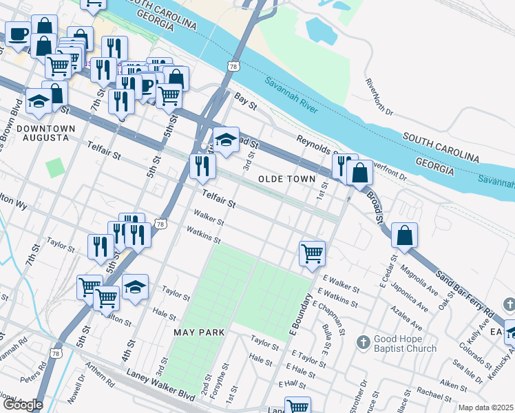 map of restaurants, bars, coffee shops, grocery stores, and more near 227 Telfair Street in Augusta