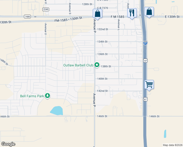 map of restaurants, bars, coffee shops, grocery stores, and more near 13916 C R 2300 in Lubbock