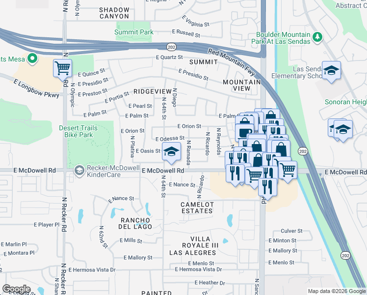 map of restaurants, bars, coffee shops, grocery stores, and more near 6437 East Odessa Street in Mesa