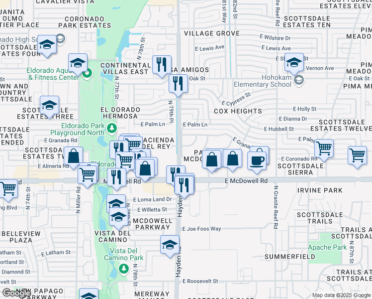 map of restaurants, bars, coffee shops, grocery stores, and more near 1819 North 79th Place in Scottsdale