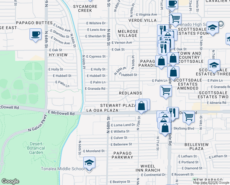 map of restaurants, bars, coffee shops, grocery stores, and more near 6802 East Coronado Road in Scottsdale