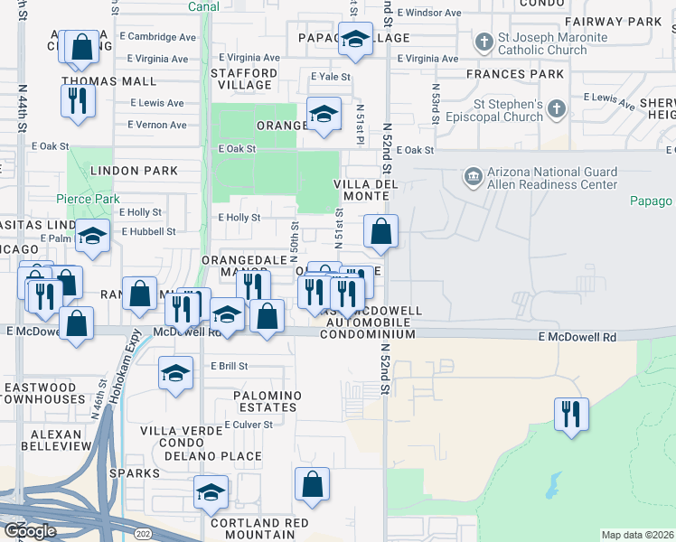 map of restaurants, bars, coffee shops, grocery stores, and more near 1811 North 51st Street in Phoenix