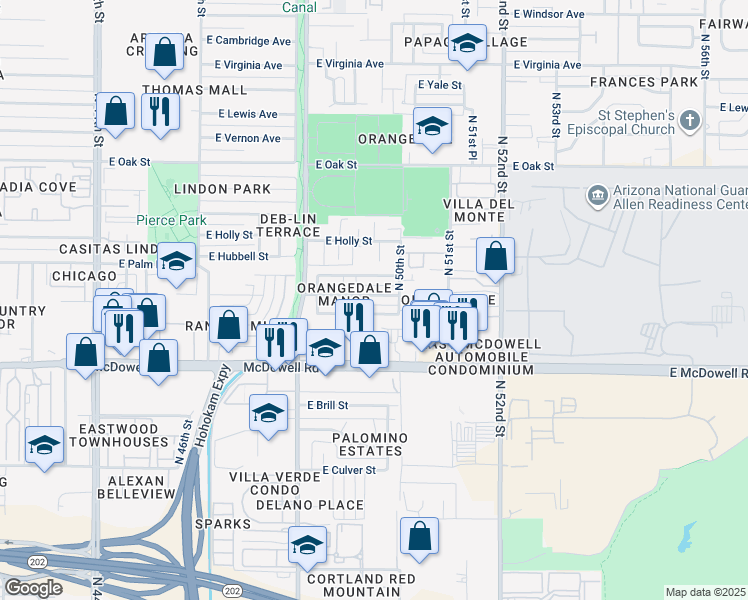 map of restaurants, bars, coffee shops, grocery stores, and more near 4923 East Granada Road in Phoenix