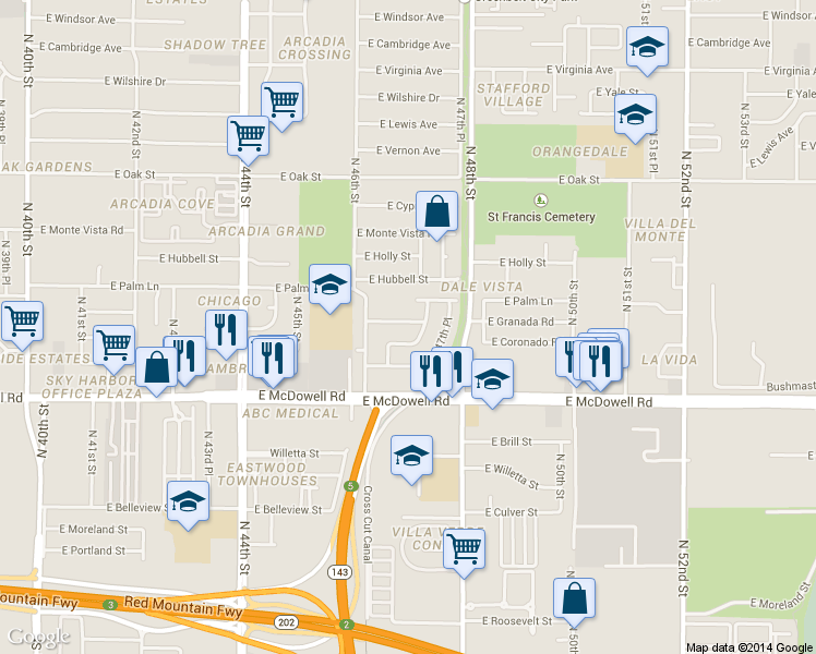 map of restaurants, bars, coffee shops, grocery stores, and more near 4627 East Granada Road in Phoenix