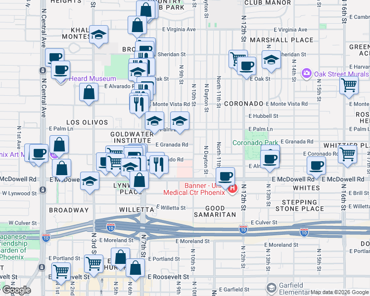 map of restaurants, bars, coffee shops, grocery stores, and more near 921 East Granada Road in Phoenix