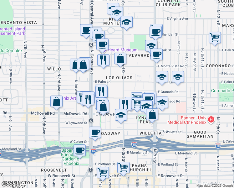 map of restaurants, bars, coffee shops, grocery stores, and more near 114 East Coronado Road in Phoenix
