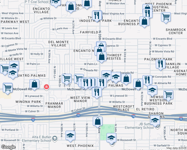 map of restaurants, bars, coffee shops, grocery stores, and more near 3522 West Coronado Road in Phoenix