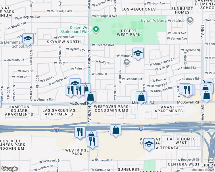 map of restaurants, bars, coffee shops, grocery stores, and more near 6507 West Berkeley Road in Phoenix