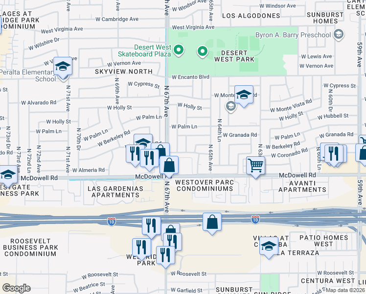 map of restaurants, bars, coffee shops, grocery stores, and more near 1807 North 66th Avenue in Phoenix
