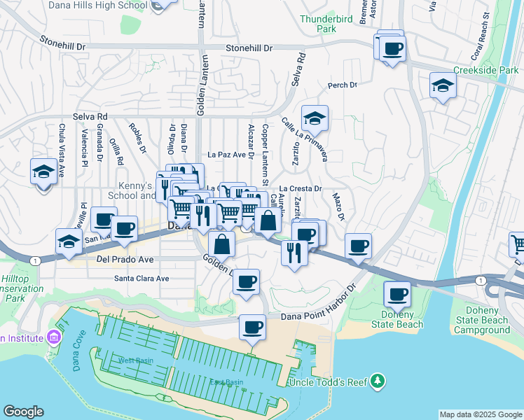 map of restaurants, bars, coffee shops, grocery stores, and more near 34082 Alcazar Drive in Dana Point