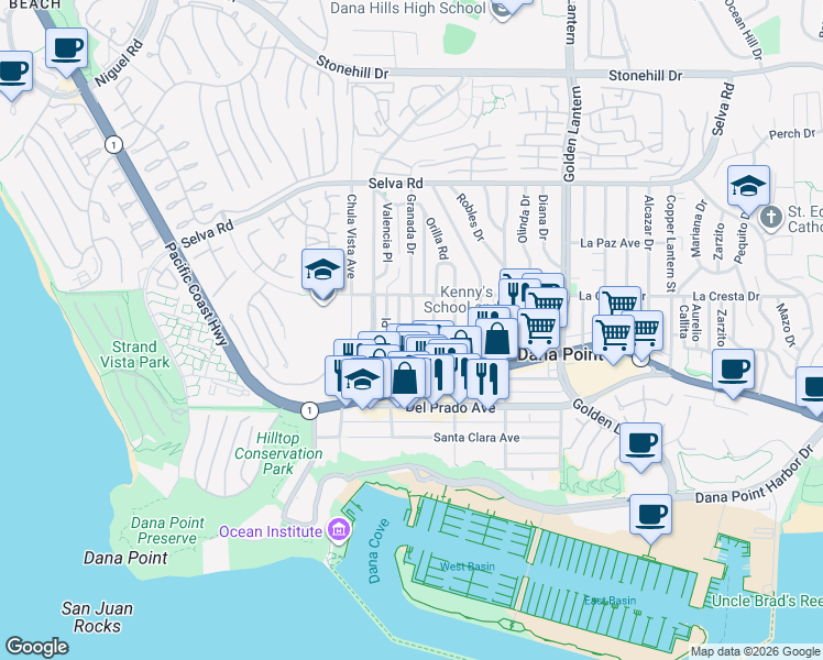 map of restaurants, bars, coffee shops, grocery stores, and more near 34072 Granada Drive in Dana Point