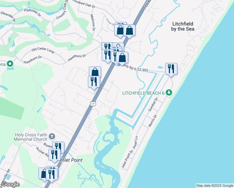 map of restaurants, bars, coffee shops, grocery stores, and more near 171 Salt Marsh Circle in Pawleys Island