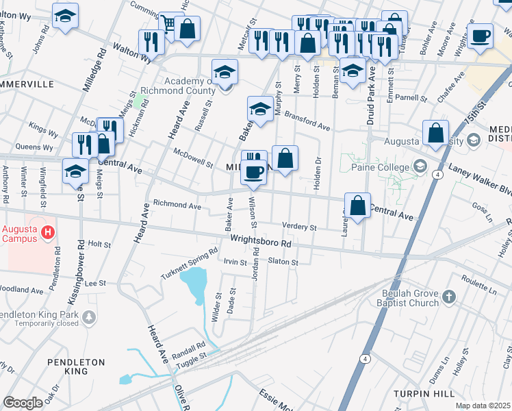 map of restaurants, bars, coffee shops, grocery stores, and more near 1306 Wilson Street in Augusta