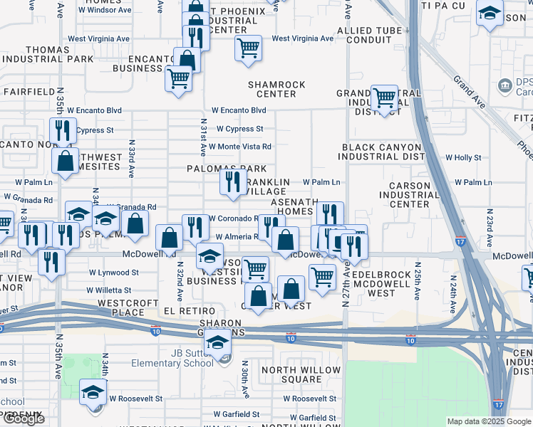 map of restaurants, bars, coffee shops, grocery stores, and more near 2908 West Coronado Road in Phoenix