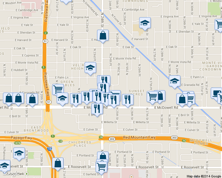 map of restaurants, bars, coffee shops, grocery stores, and more near 1818 N 24th Pl in Phoenix