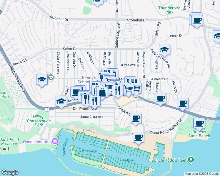 map of restaurants, bars, coffee shops, grocery stores, and more near Unnamed Road in Dana Point