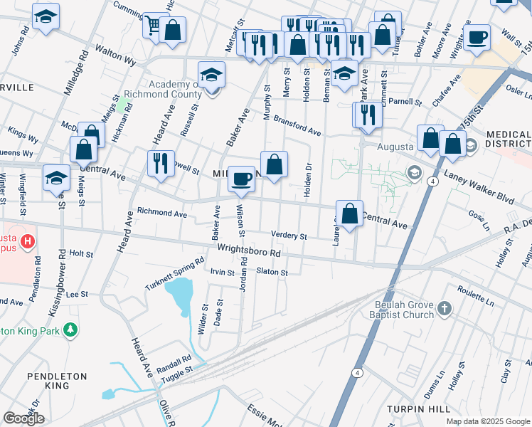 map of restaurants, bars, coffee shops, grocery stores, and more near 1306 Murphy Street in Augusta