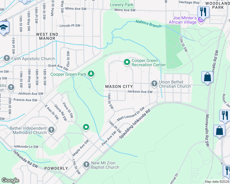 map of restaurants, bars, coffee shops, grocery stores, and more near 1531 Jackson Avenue Southwest in Birmingham