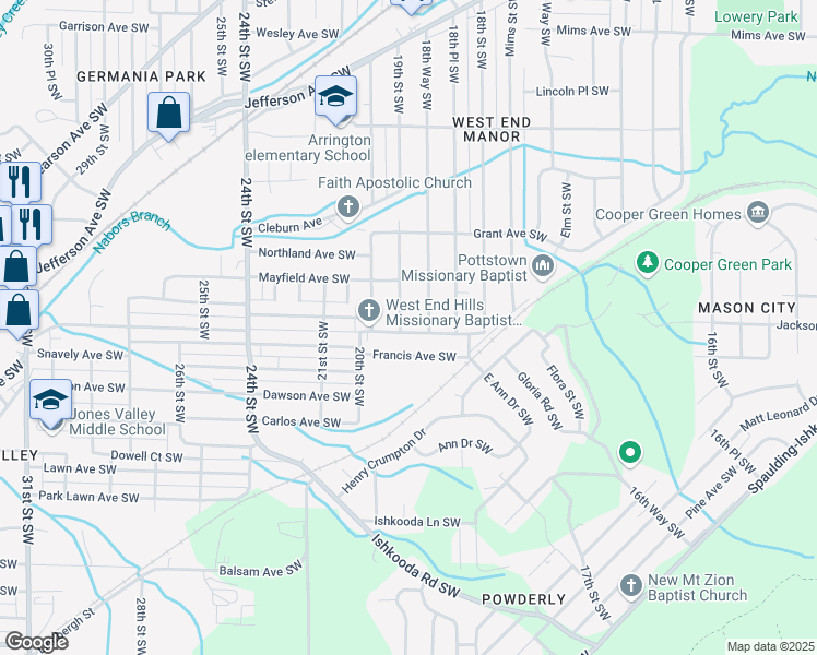 map of restaurants, bars, coffee shops, grocery stores, and more near 1683 19th Street Southwest in Birmingham