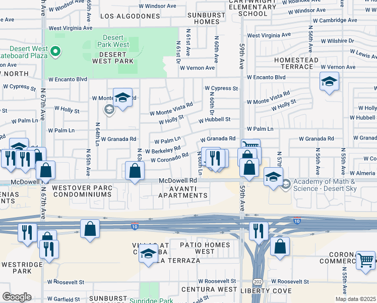 map of restaurants, bars, coffee shops, grocery stores, and more near 6104 West Coronado Road in Phoenix