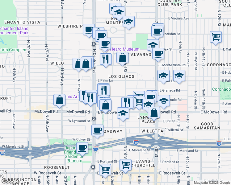 map of restaurants, bars, coffee shops, grocery stores, and more near 114 East Coronado Road in Phoenix