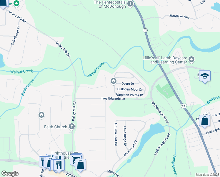 map of restaurants, bars, coffee shops, grocery stores, and more near 179 Hamilton Pointe Drive in McDonough