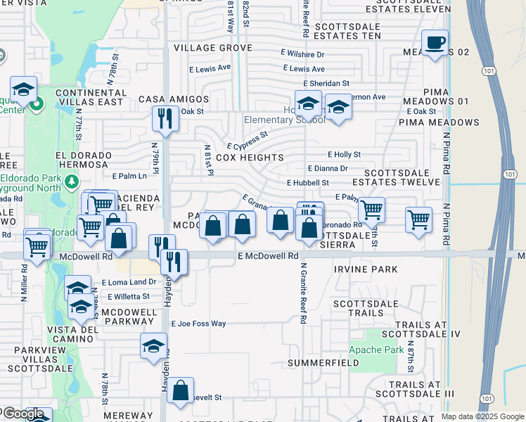 map of restaurants, bars, coffee shops, grocery stores, and more near 8311 East Granada Road in Scottsdale