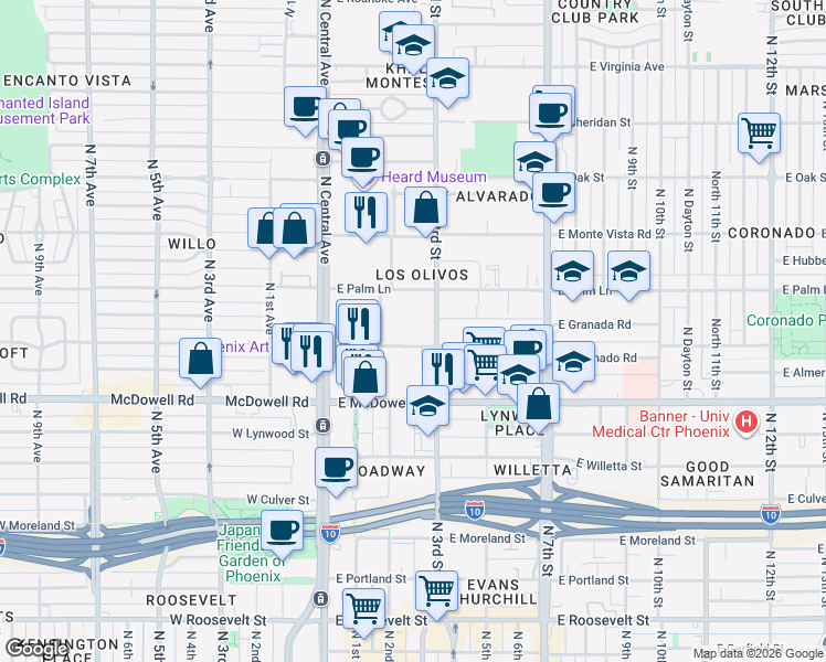 map of restaurants, bars, coffee shops, grocery stores, and more near 114 East Coronado Road in Phoenix
