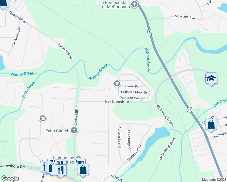 map of restaurants, bars, coffee shops, grocery stores, and more near 179 Hamilton Pointe Drive in McDonough