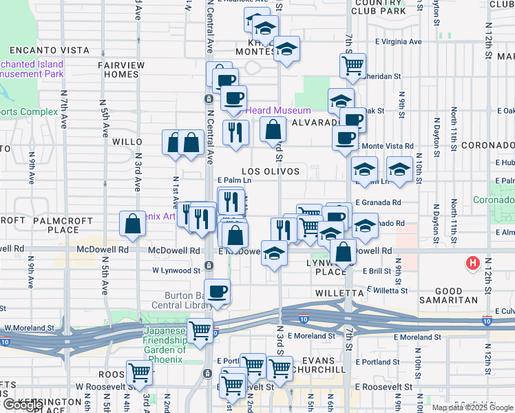 map of restaurants, bars, coffee shops, grocery stores, and more near 114 East Coronado Road in Phoenix